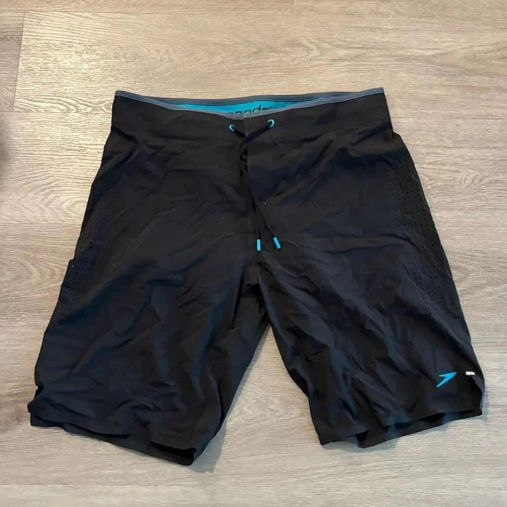 Speedo Men's Black Swim Board Shorts with Teal Trim